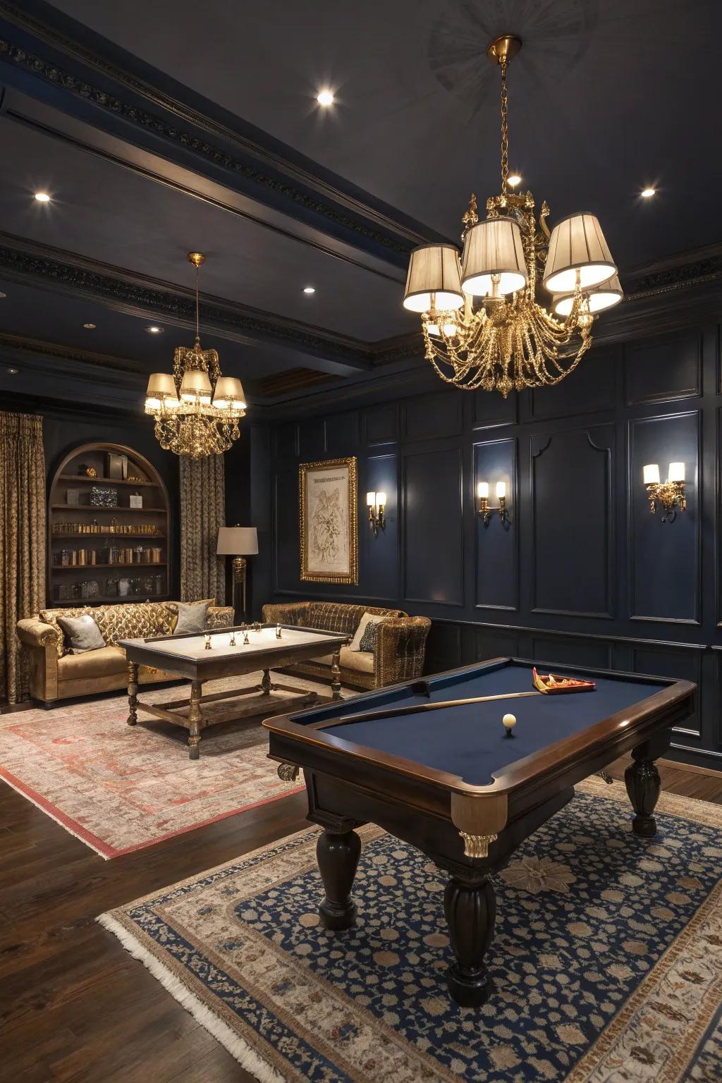 Dark, rich colors craft a luxurious, intimate game room atmosphere.