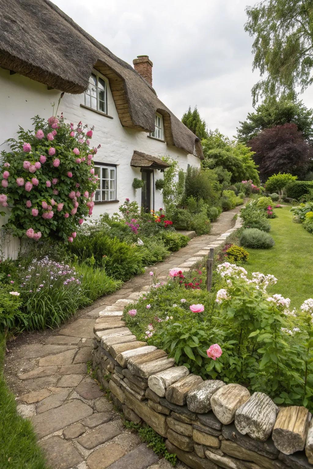 Stacked stone edging brings a cottage feel to any garden.