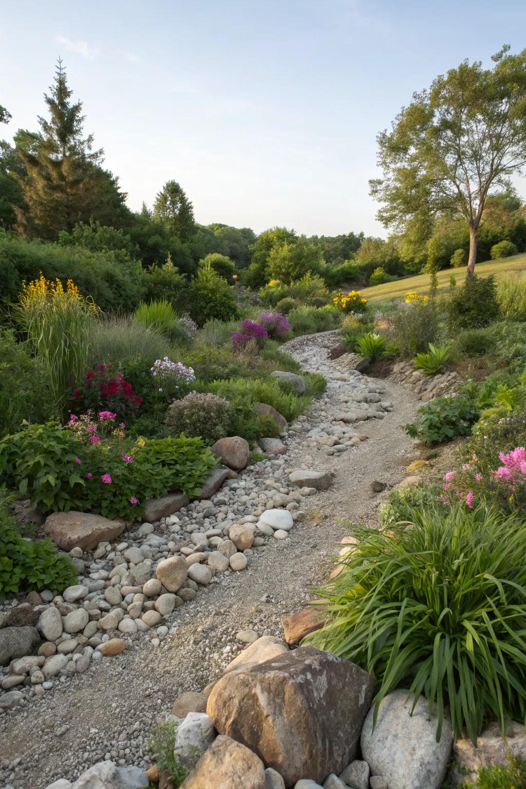 An arid stream channel furnishing both utility and splendor in the garden.