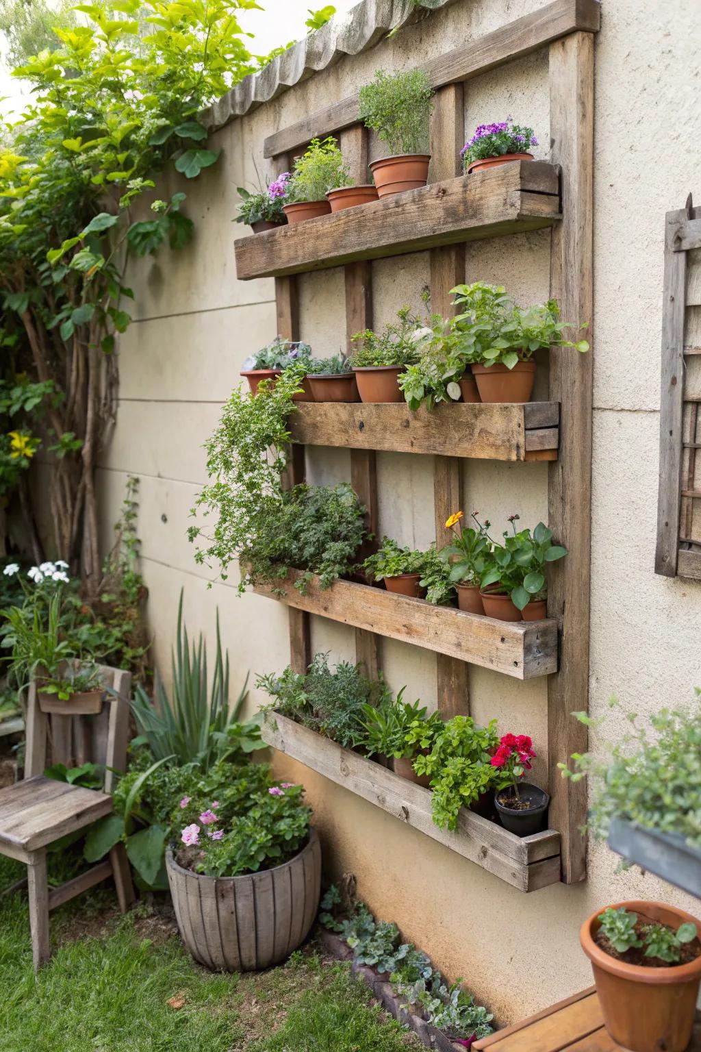 Planting shelves maximize space and incorporate vertical aesthetics.
