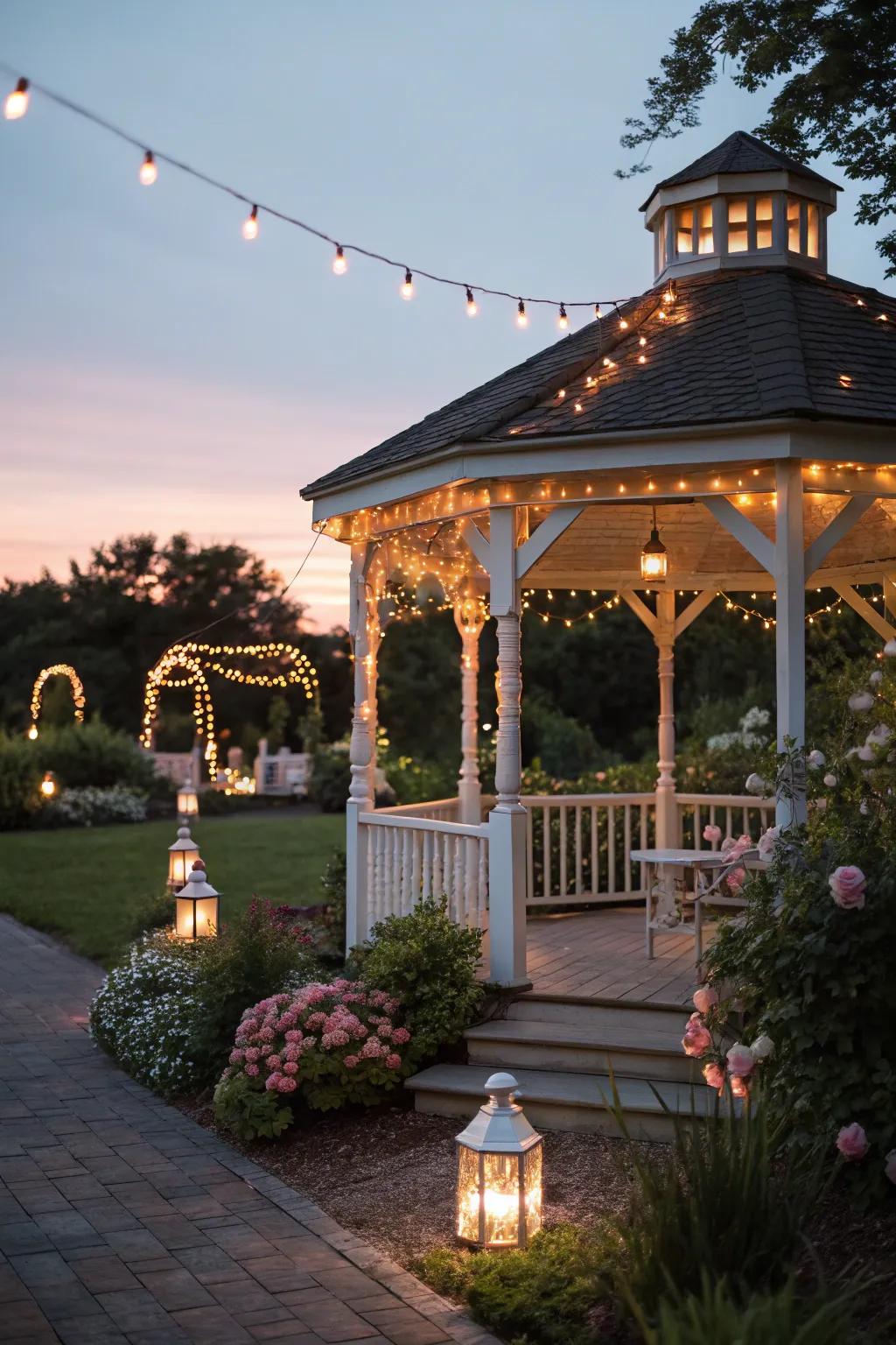 String lights and lanterns set a romantic mood.