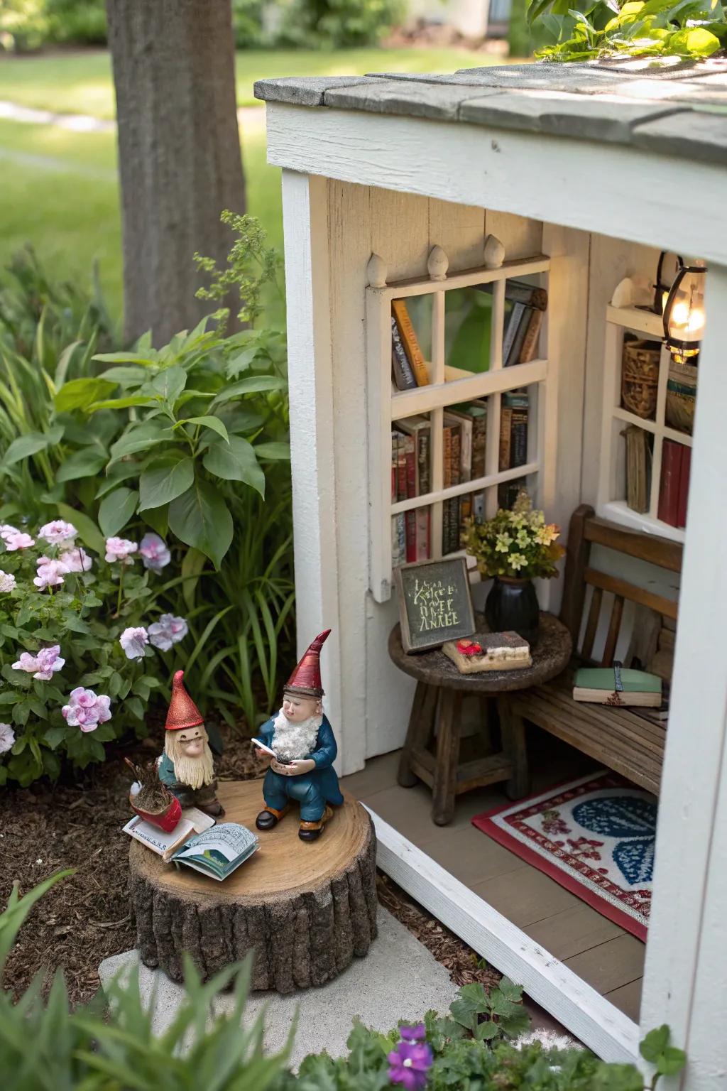 A comfy gnome manuscript corner for tranquil garden moments.