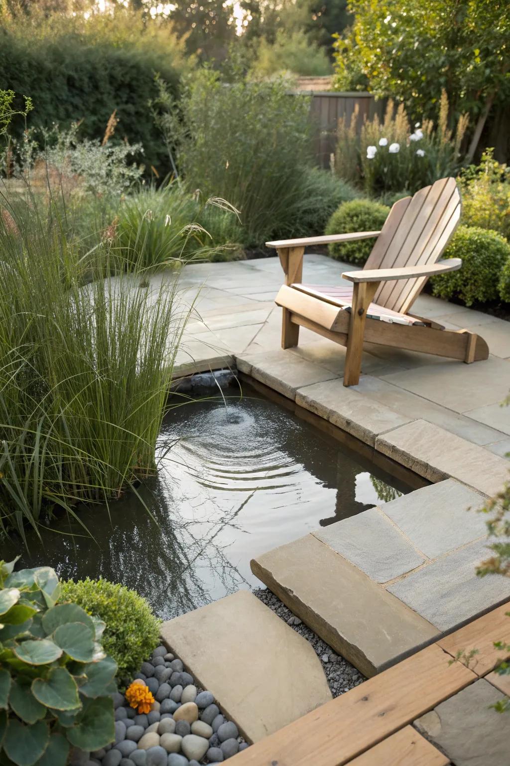Find peace in your own backyard oasis with this serene patio pond setup. 🐟✨ #PatioParadise #ScandinavianBoho