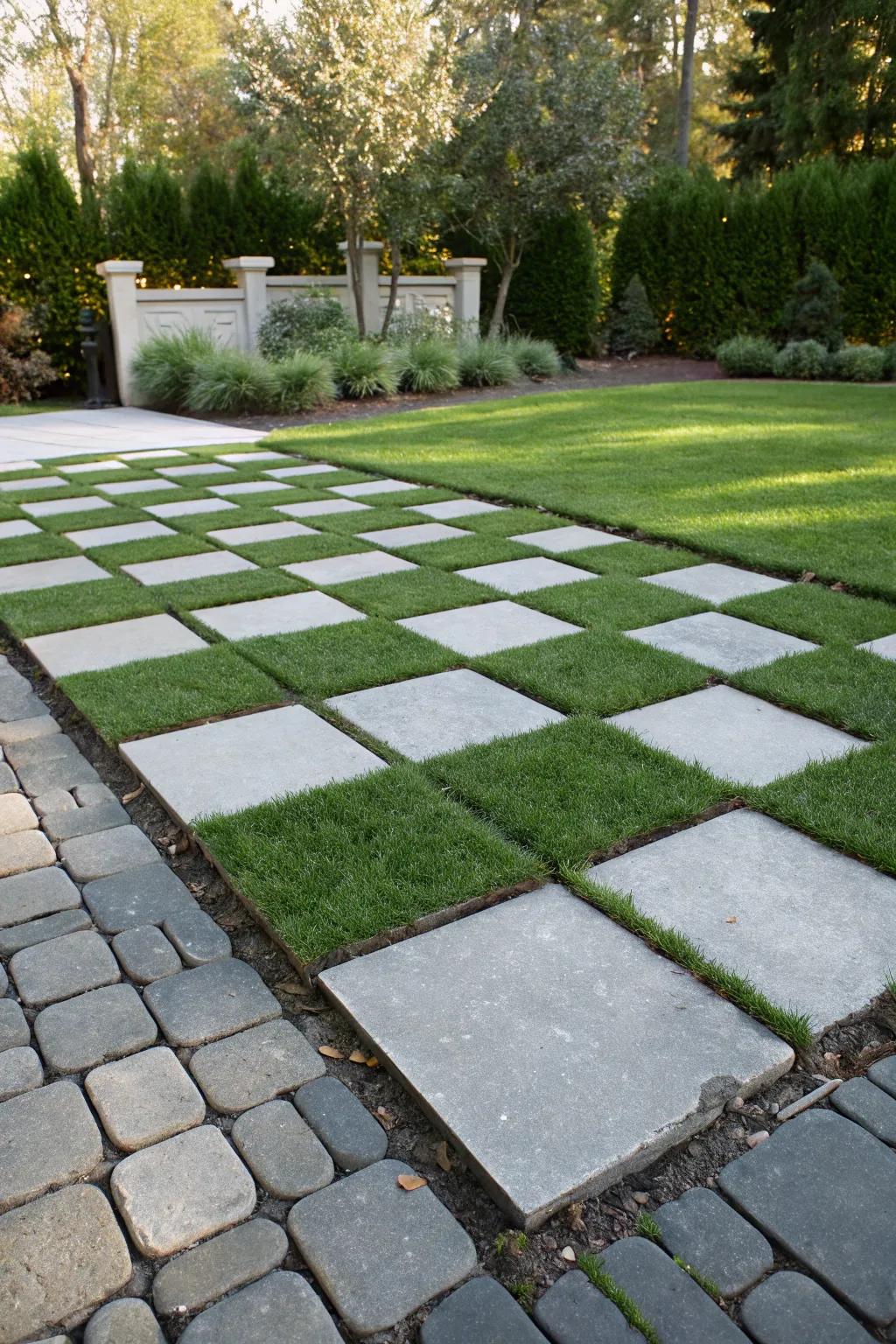 A vibrant checkerboard impression achieved with turf and stone.
