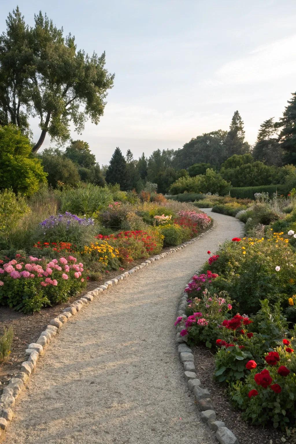 Organic pathways amidst a gravel flower bed