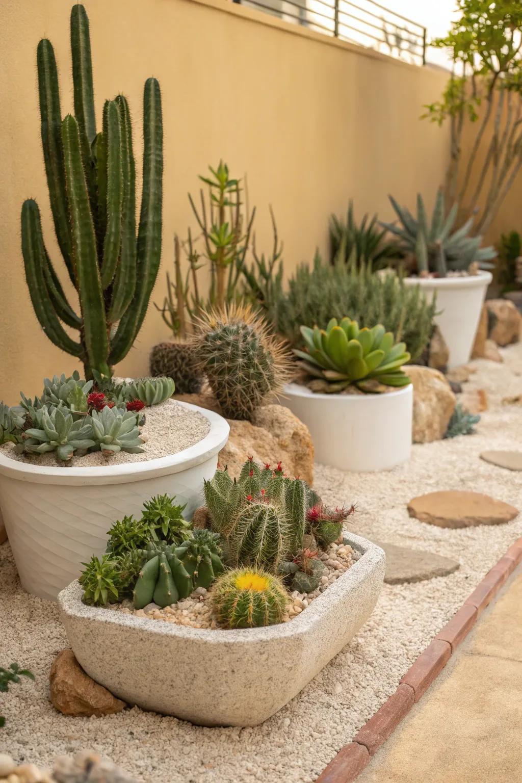 Cacti create a striking desert oasis within the gravel garden.