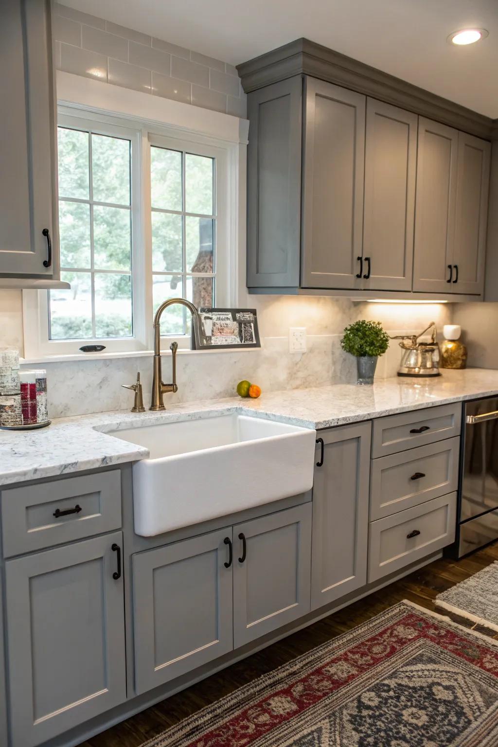 A farmhouse sink enhances the rustic charm of gray cabinets.