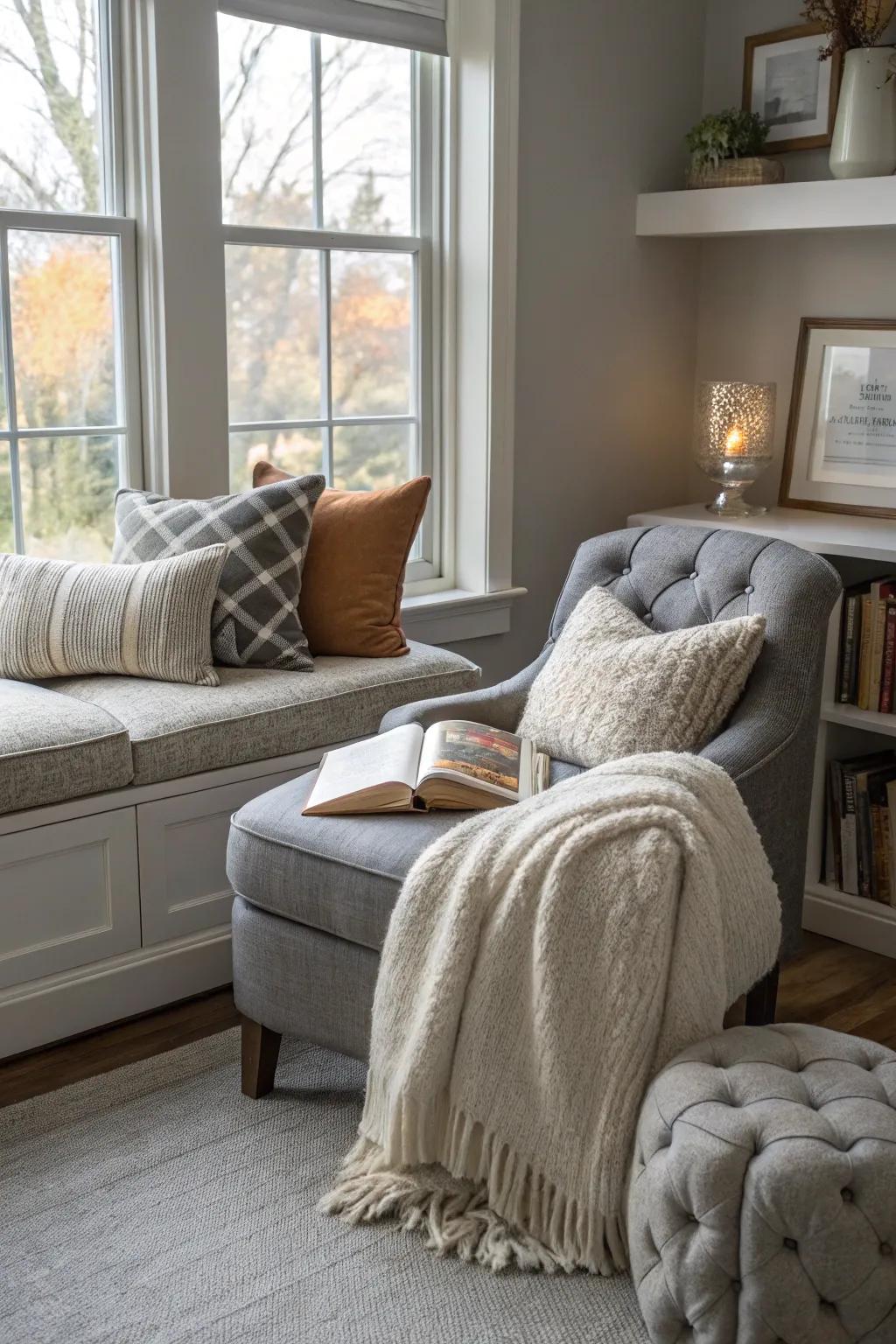 A cozy nook creates a perfect retreat in a gray room.