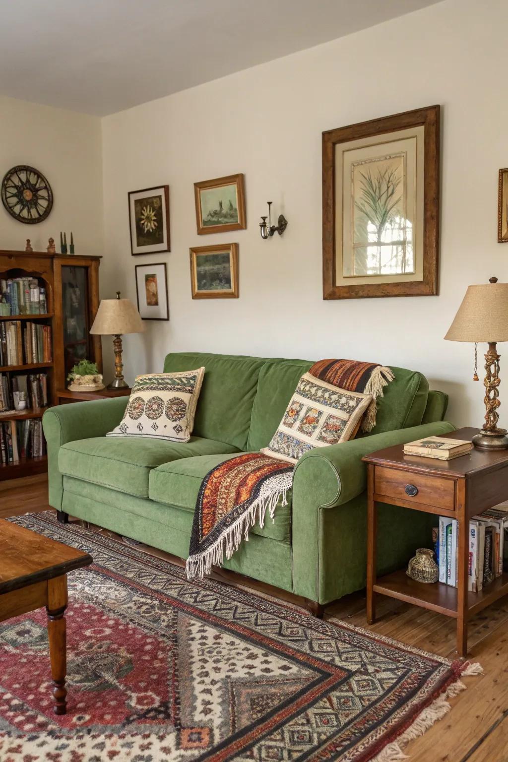 Vintage finds add depth and character to a living room with a green couch.