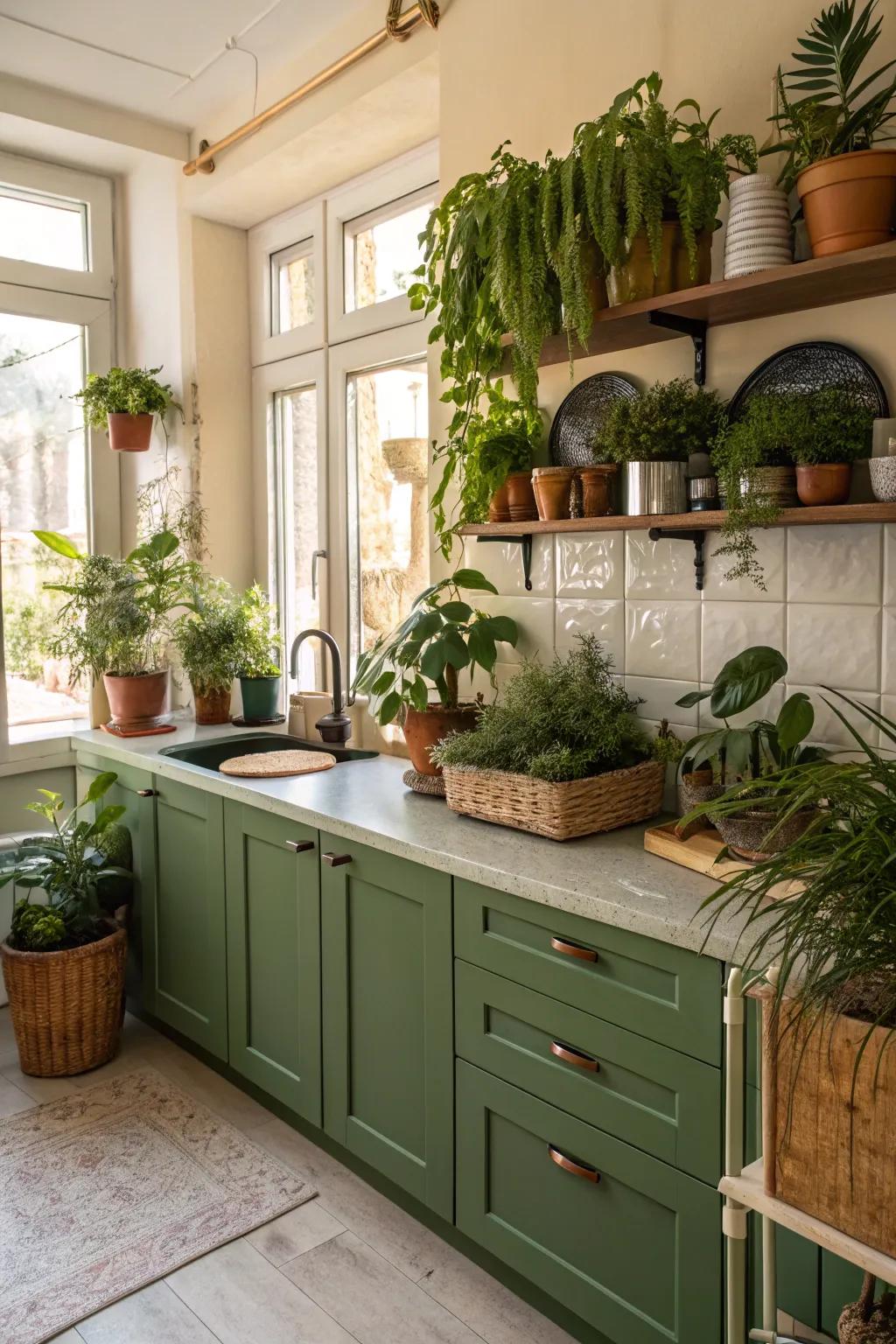 Green cabinets and plants create a botanical-inspired kitchen.