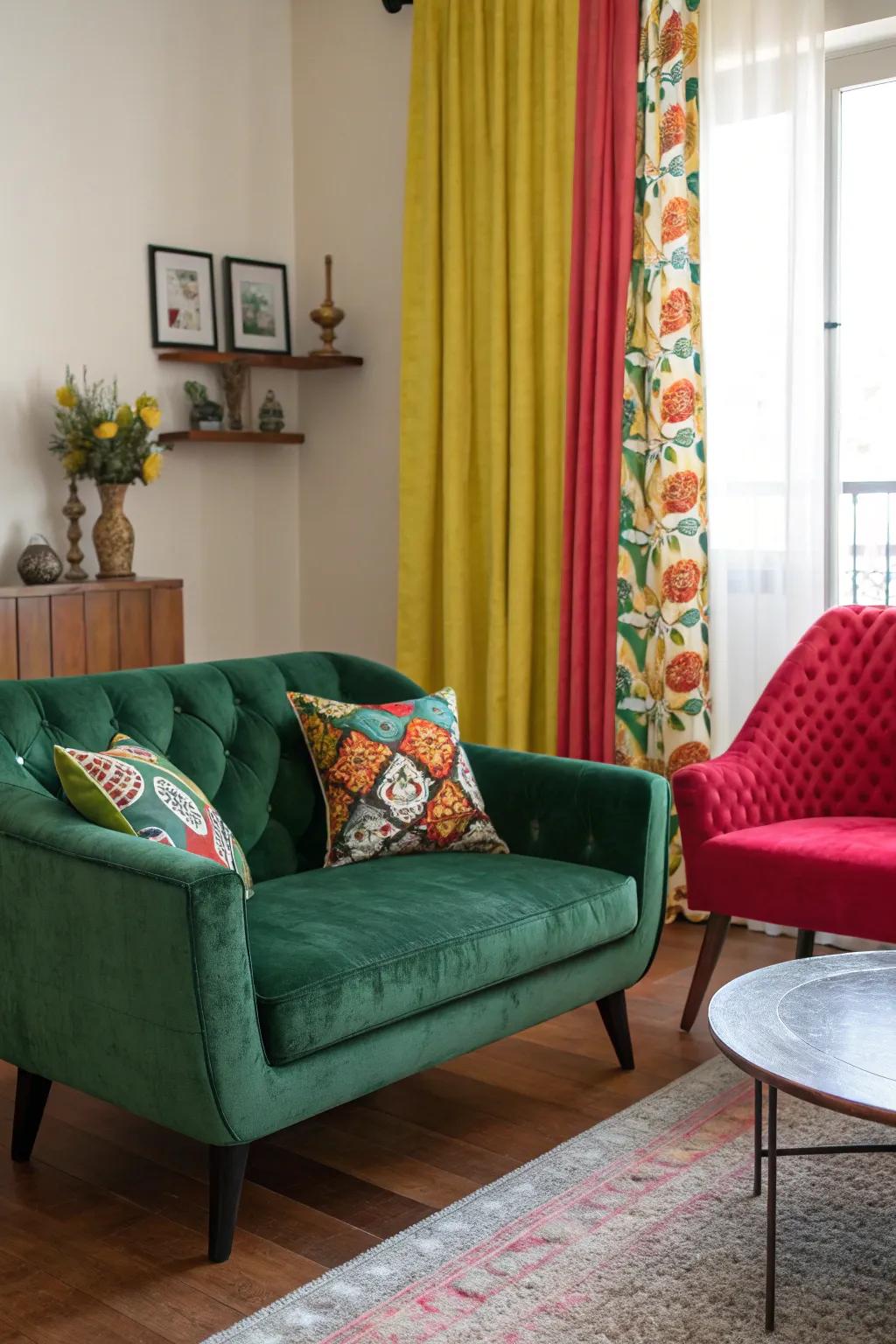 A lively living space exhibiting an emerald plush sofa and vibrant accents.