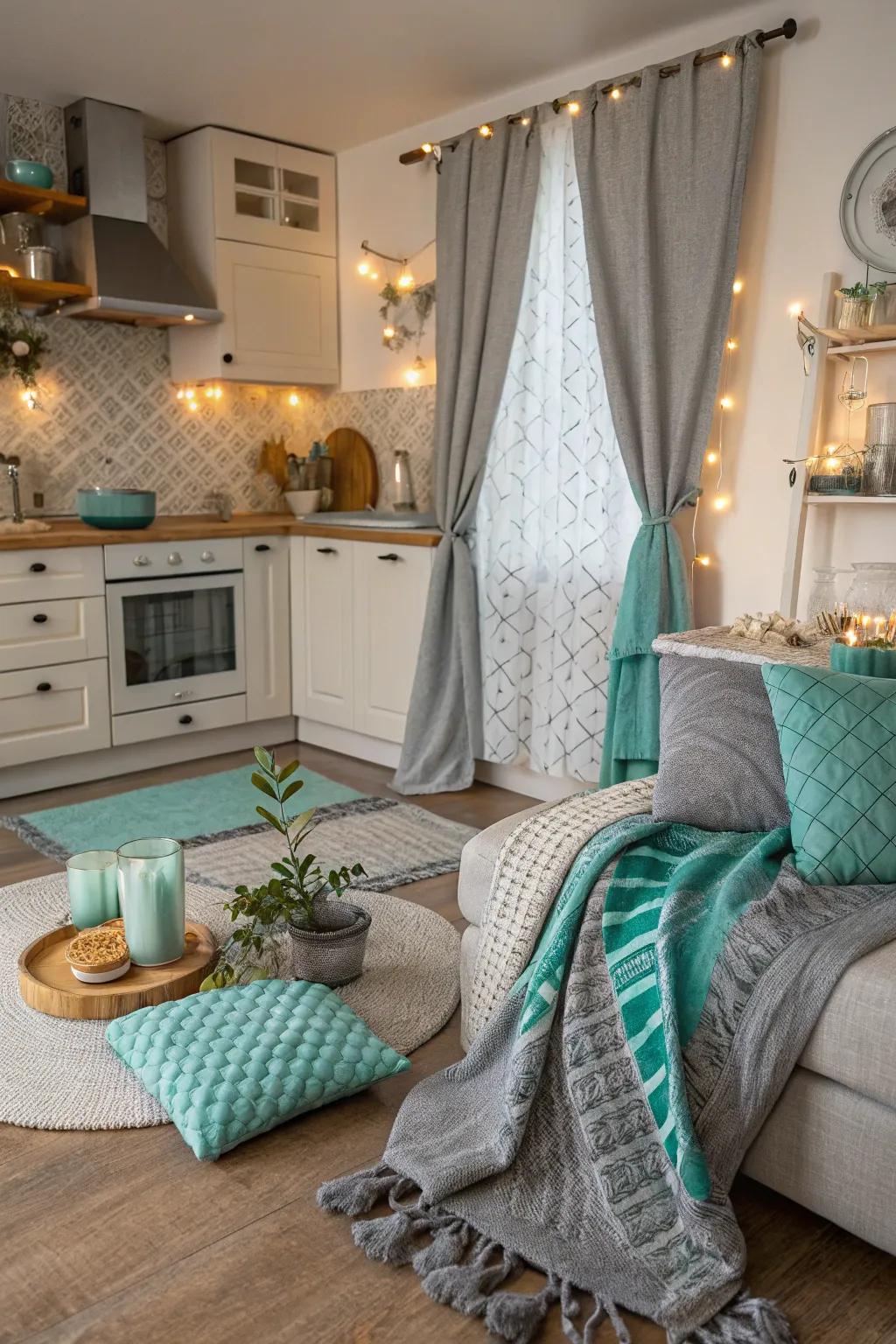 Textiles in shadow and aqua include warmth and texture.