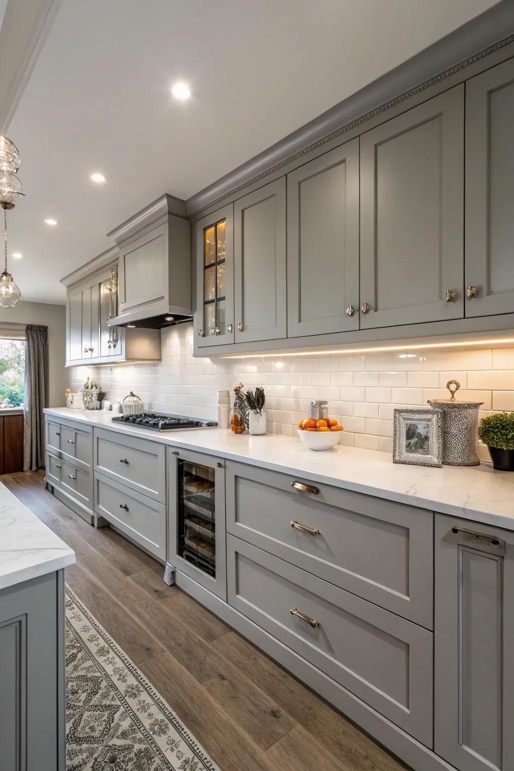 The merger of grey and alabaster culminates in a quintessential, ageless kitchen aesthetic.
