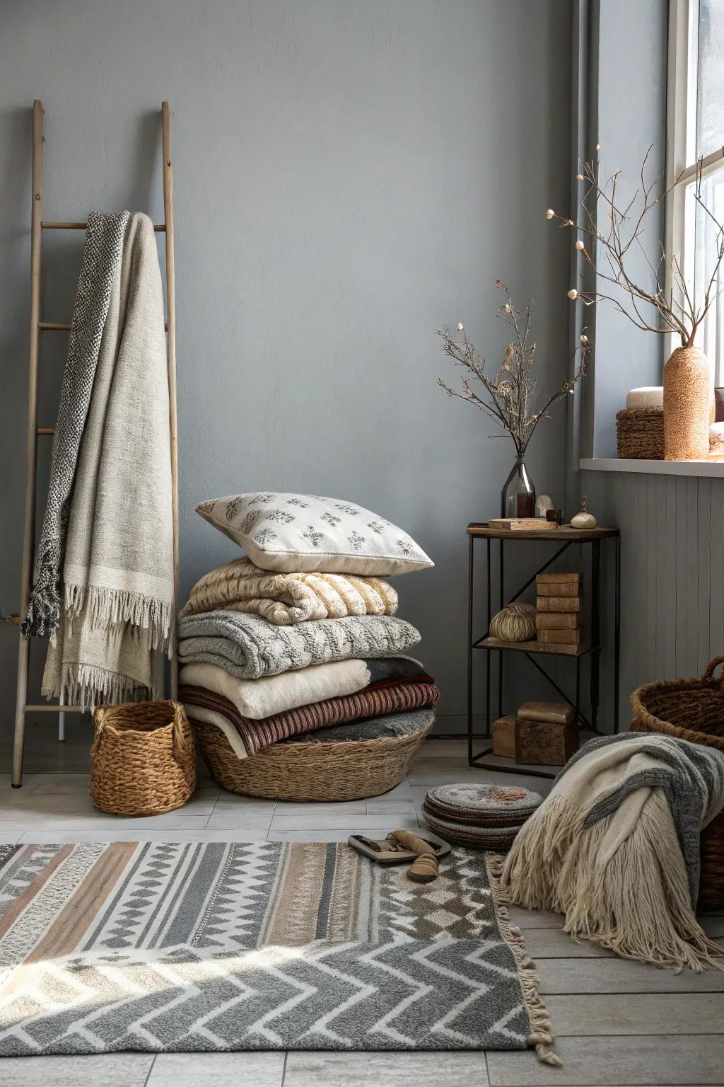 Bedding materials bring coziness to this inviting grey room.