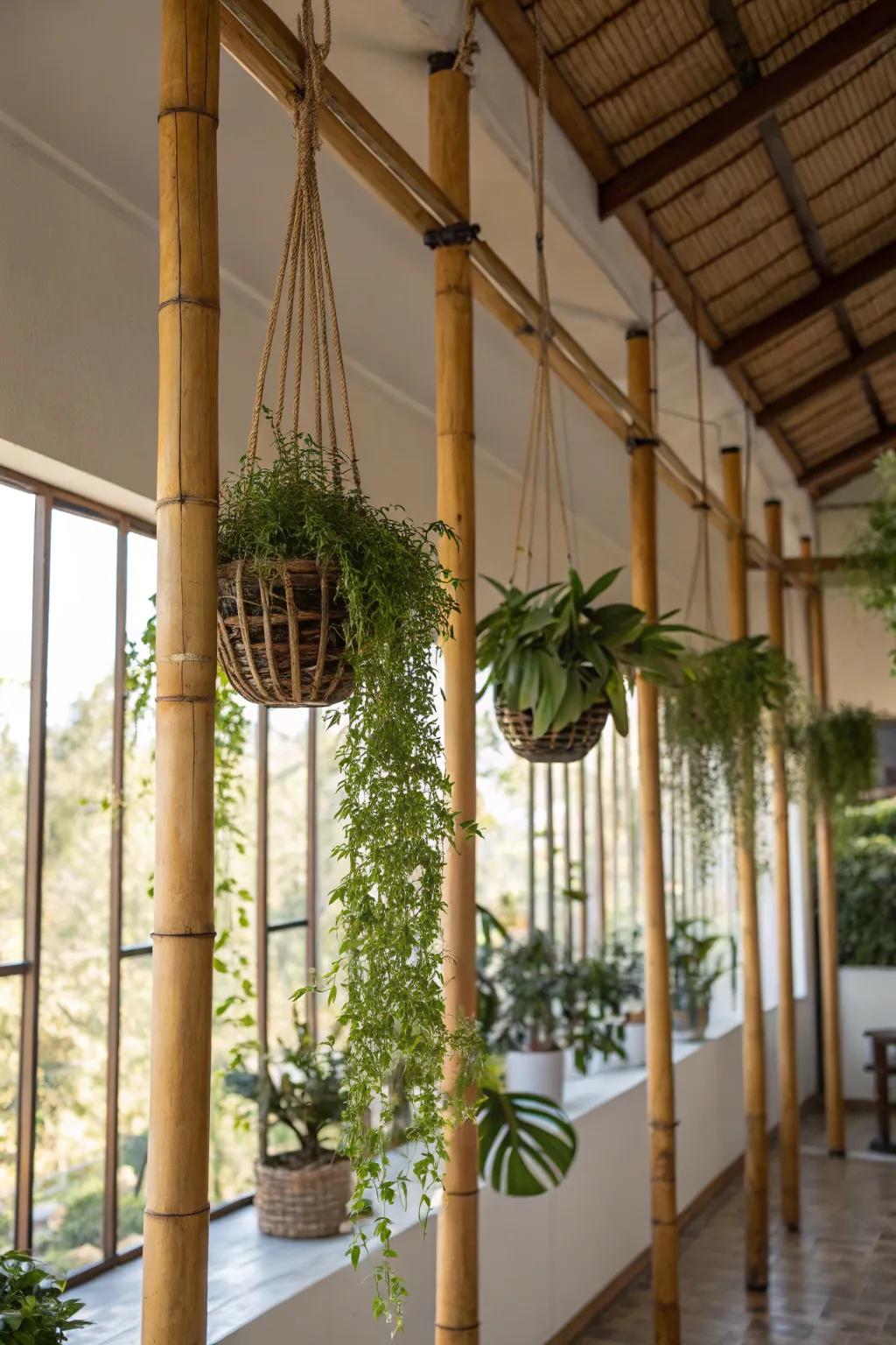 Create a serene vibe with bamboo plant hangers.