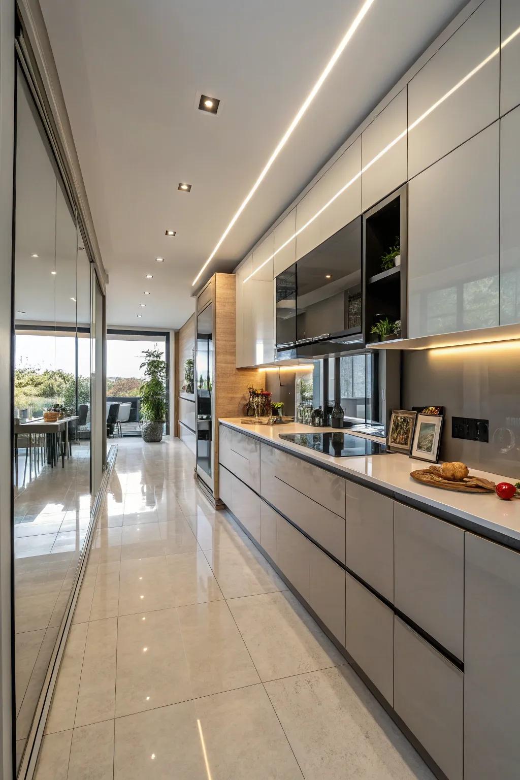 Reflective cabinetry gives the impression of a larger kitchen area.