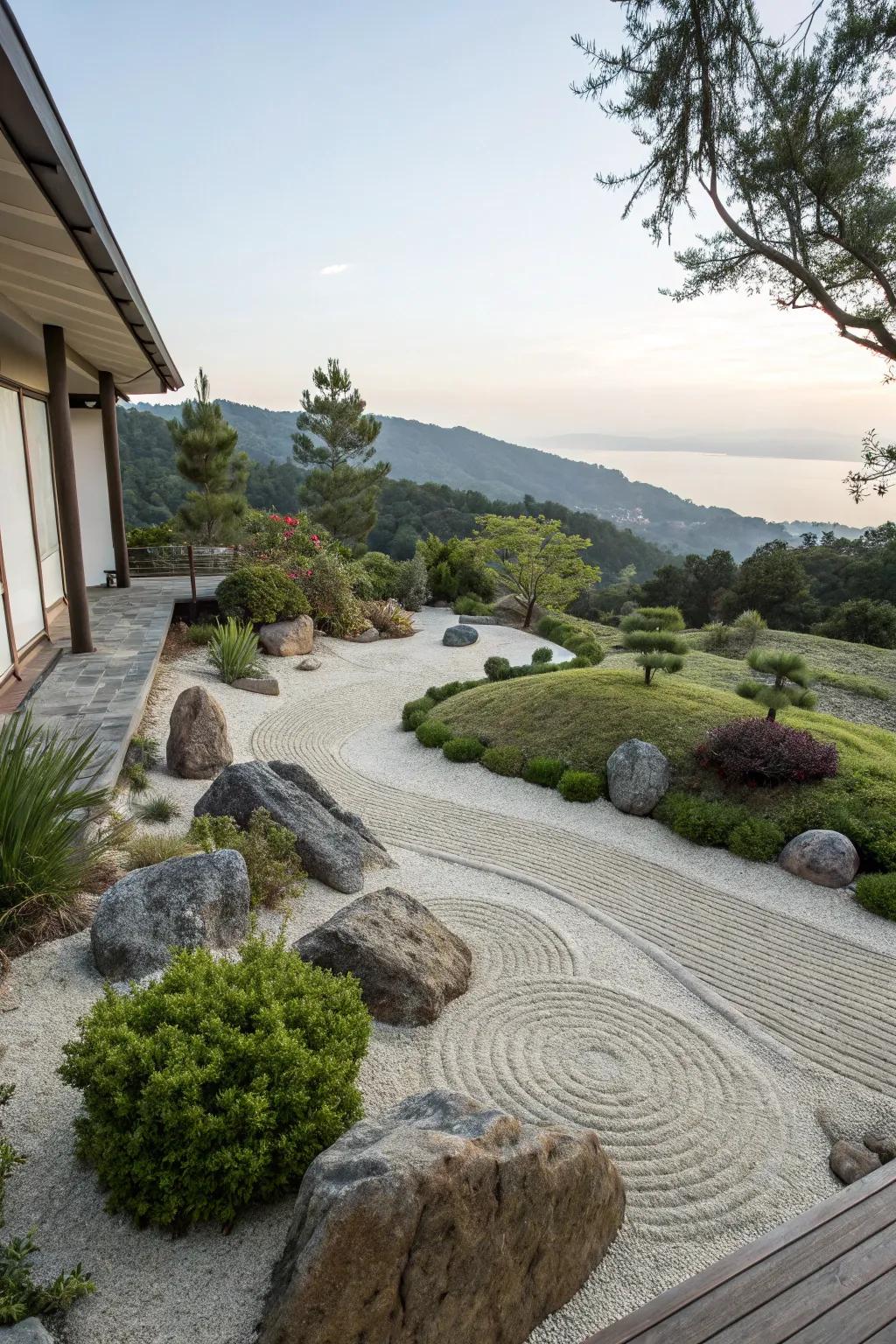 Zen gardens give peace and simplicity to hillside landscapes.