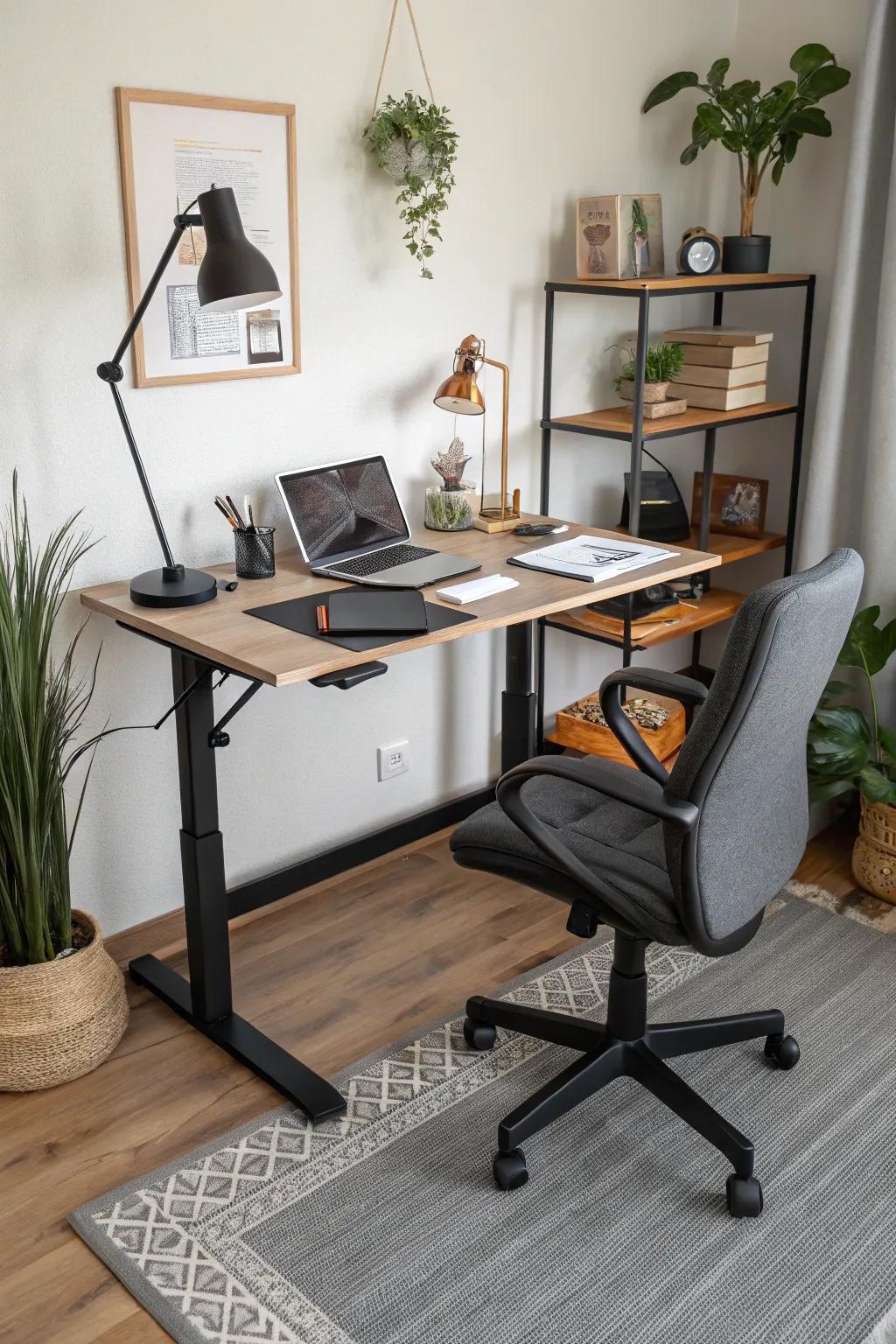 A standing desk option encourages a healthy work posture.