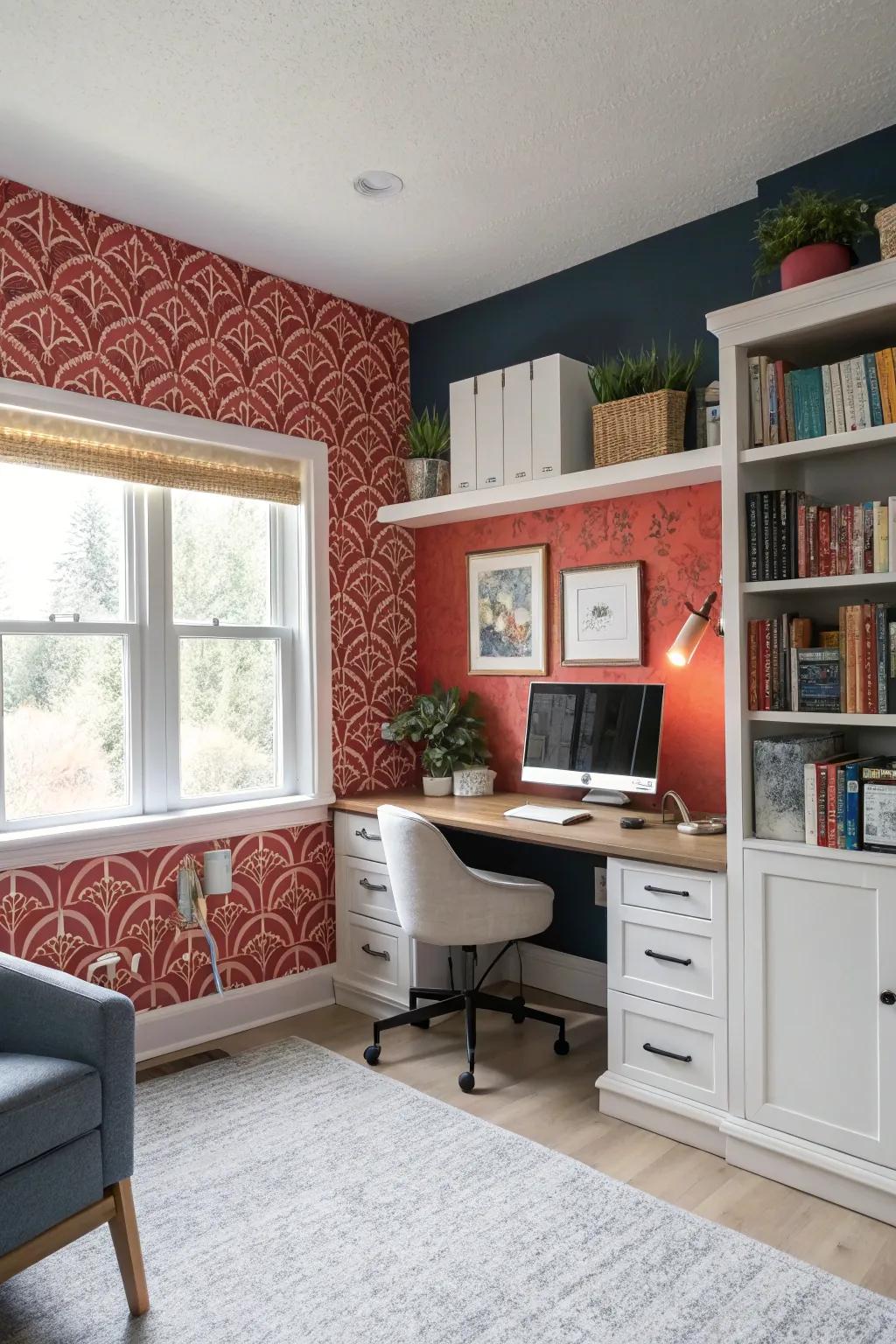 A feature wall adds a striking focal point to your home office.