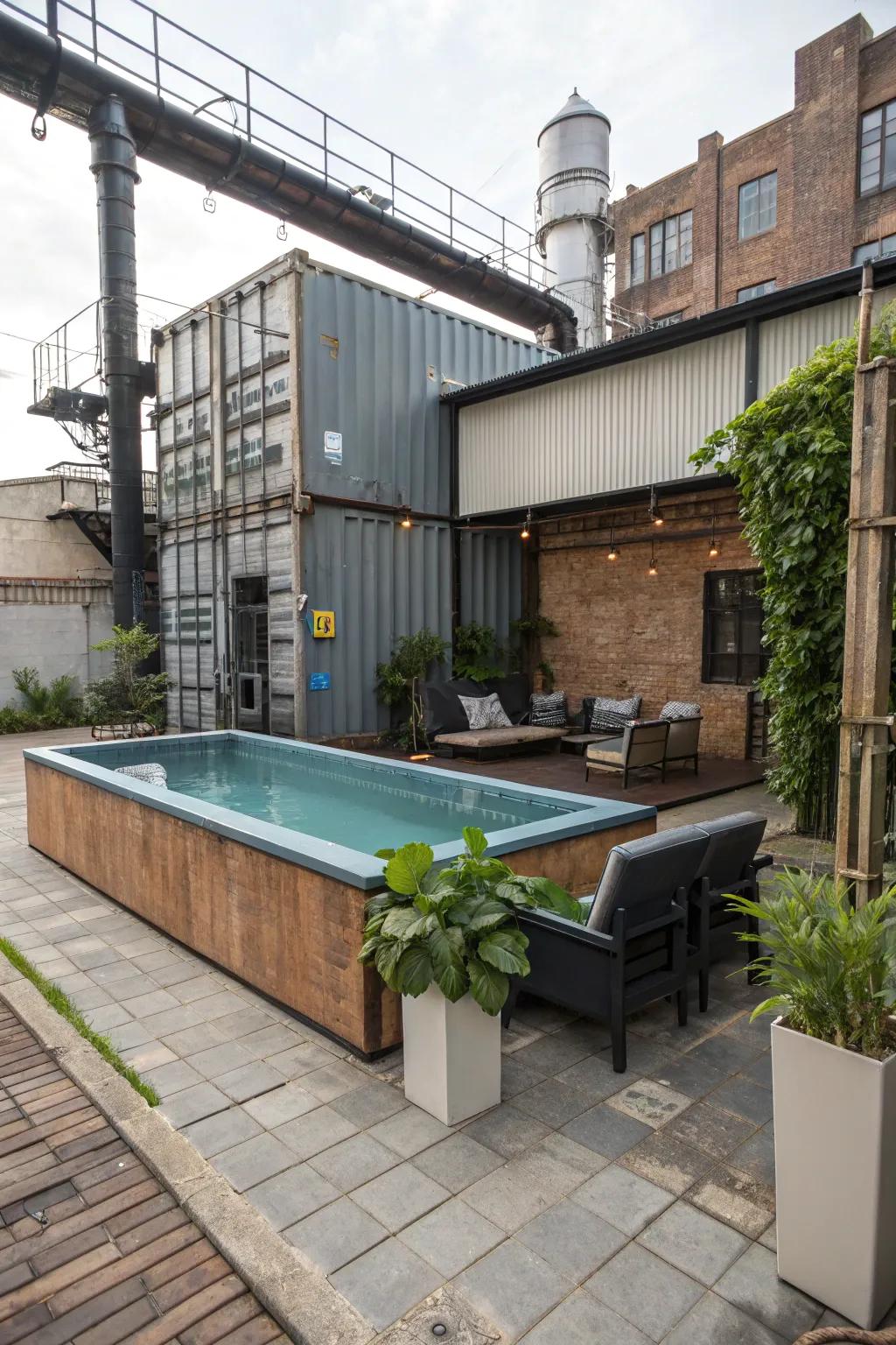 A unique recycled container pool with industrial chic design.