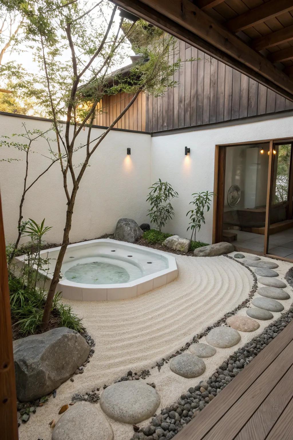 A Zen garden offers simplicity and tranquility to the hot tub area.