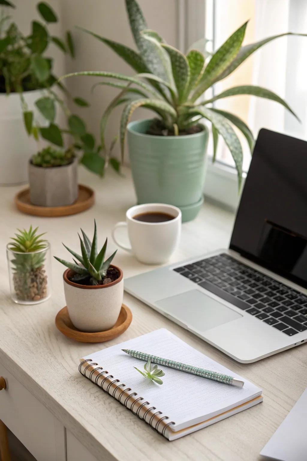 Plants on your desk can enhance your workspace ambiance.
