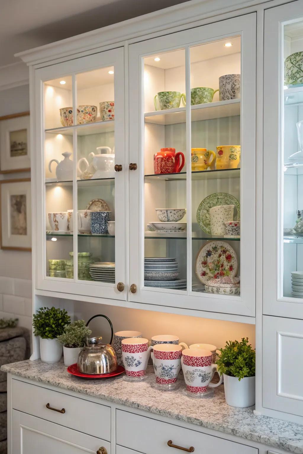 A thematic tea station adding fun and function to glass cabinets.