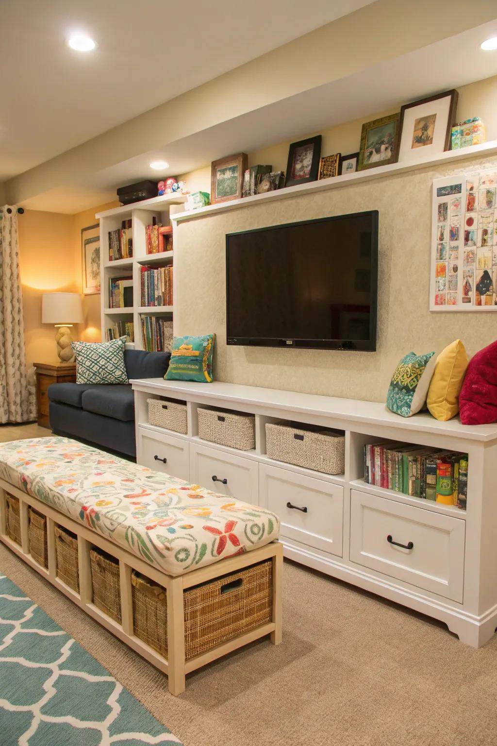 A rolling storage bench provides versatility and hidden storage under the TV.