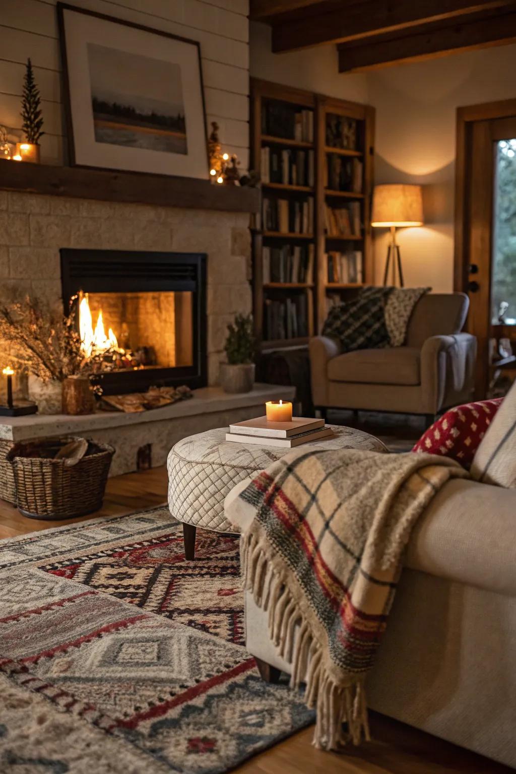 A comfortable family room with a fireplace, enhanced by layered coverings and throws for added warmth.