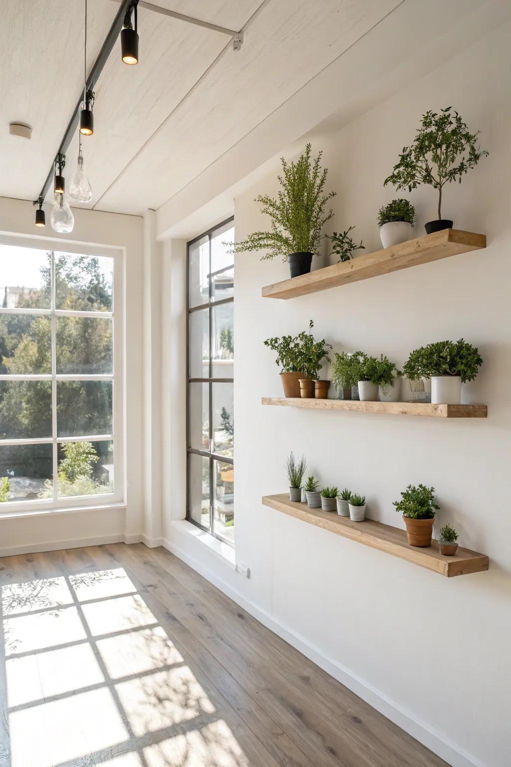 Floating shelves offer a sleek way to display your plant collection.