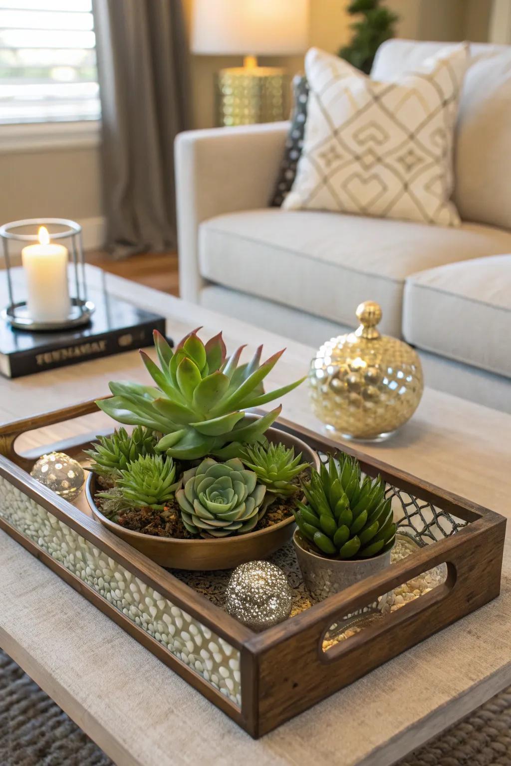 A coffee table tray with succulents adds warmth and style.