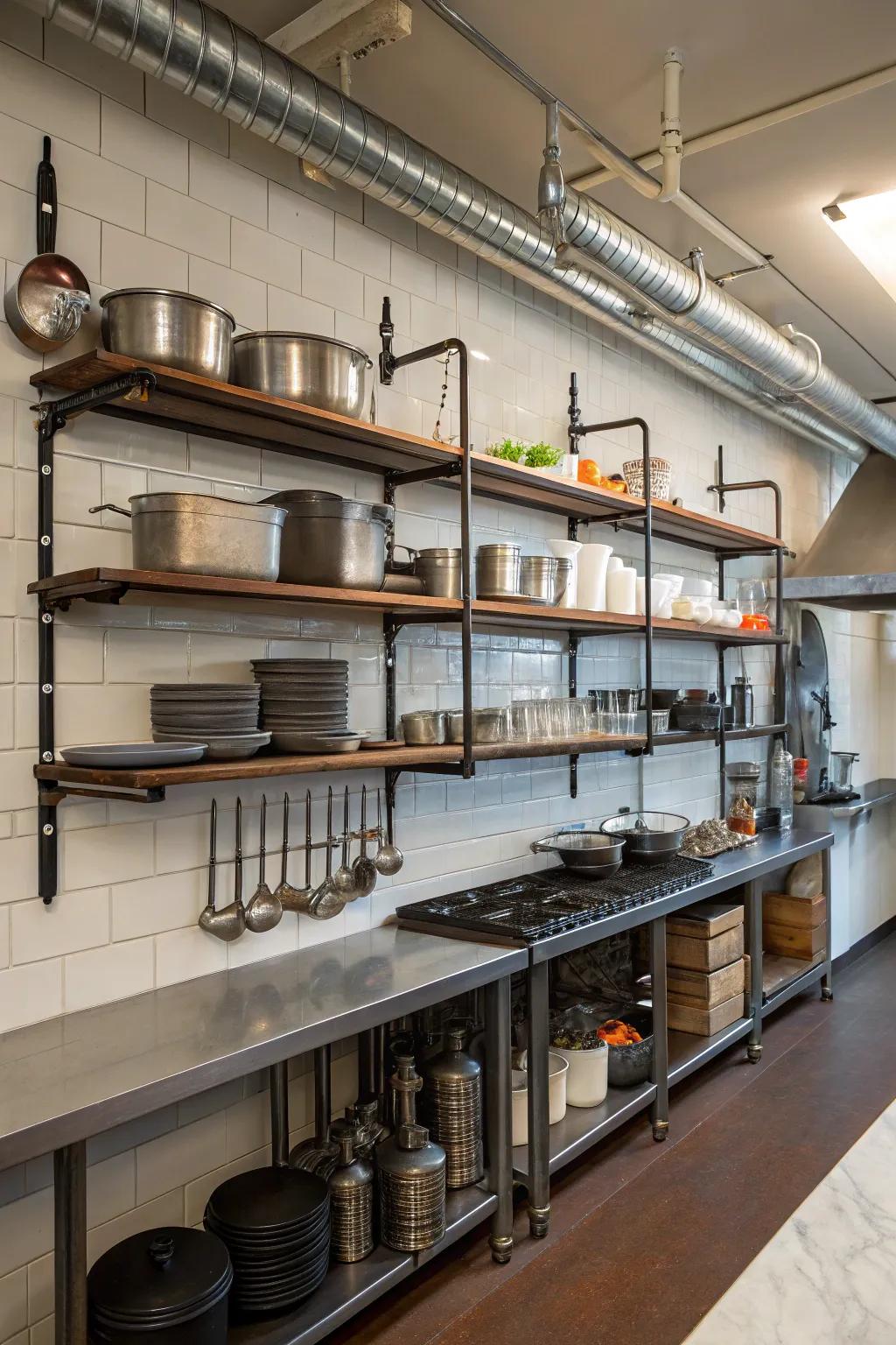 Industrial pipe shelving offers functional and stylish storage.