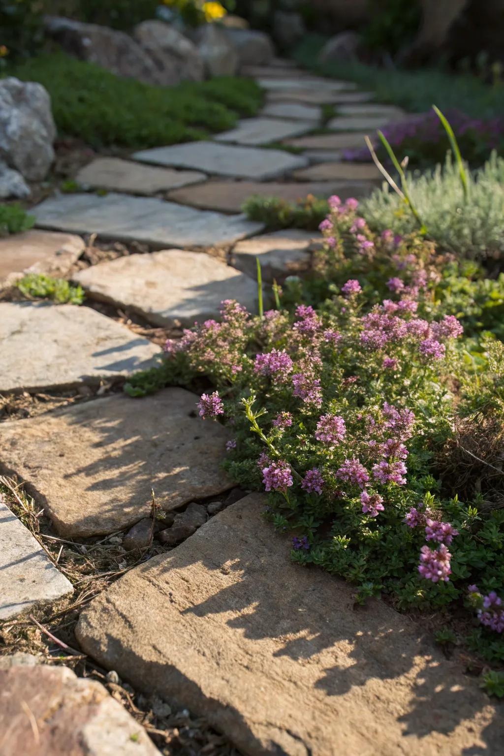 Experience the charm of craftsmanship with a fragrant thyme-accented walkway.