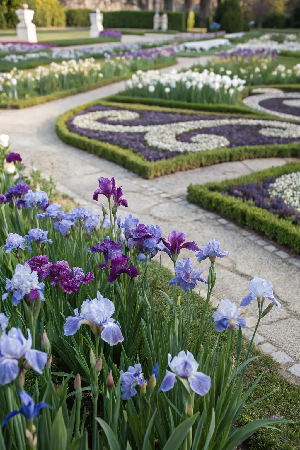 A stunning mosaic of irises creating a unique garden art piece.
