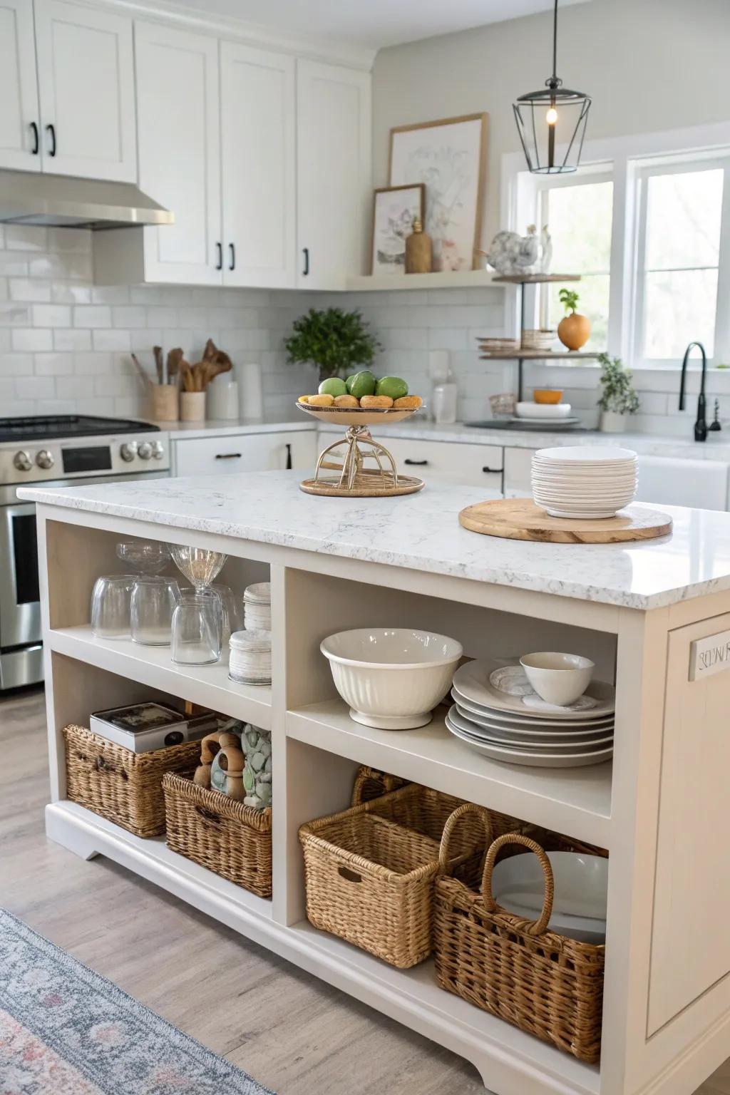 Exposed shelving adds both functionality and visual allure, enhancing the character of your kitchen island.