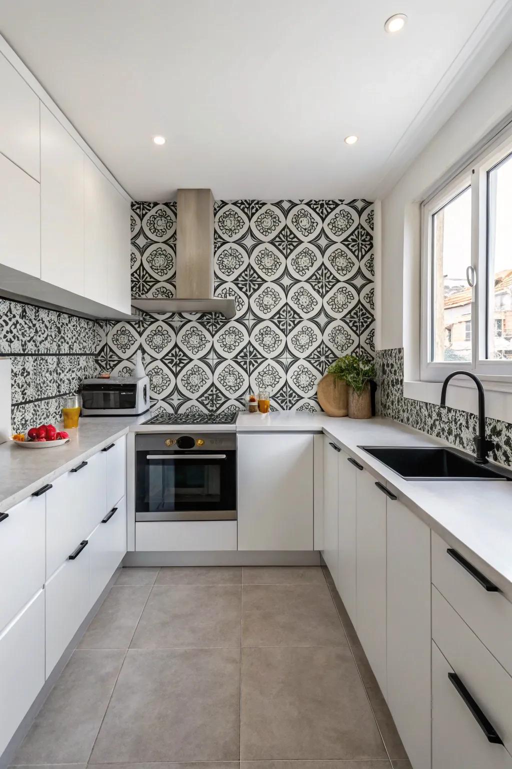 Monochrome tiles deliver a sleek, understated elegance.