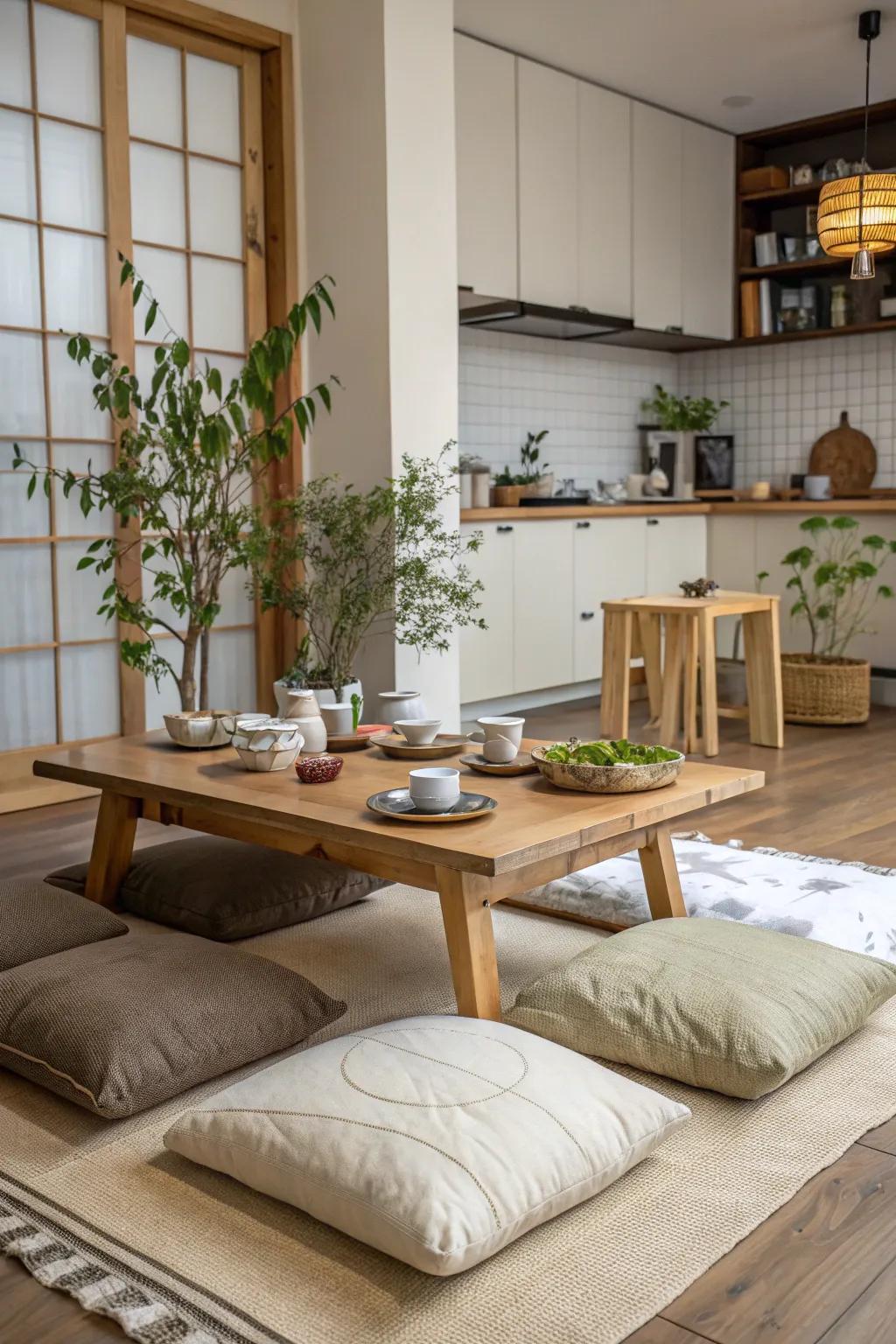 Informality through floor cushions.