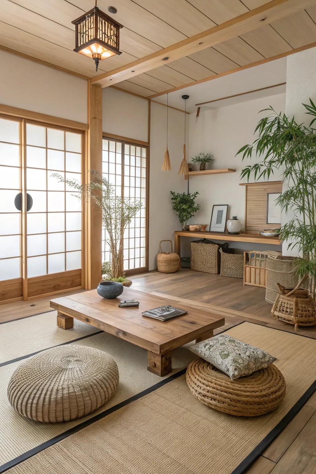 Eco-friendly materials and natural decor enhance the sustainability of this space.