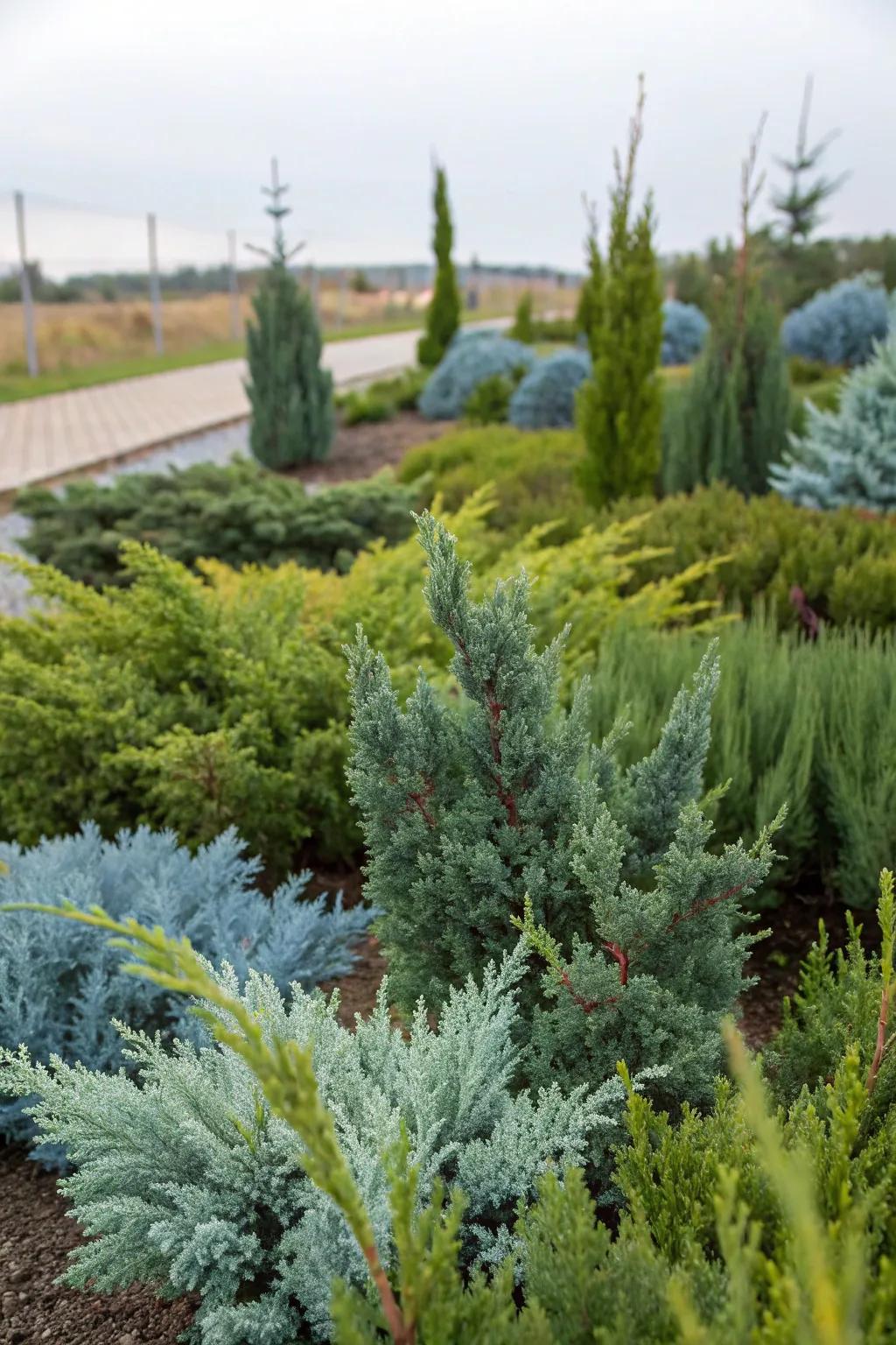 A dynamic garden palette using diverse juniper foliage