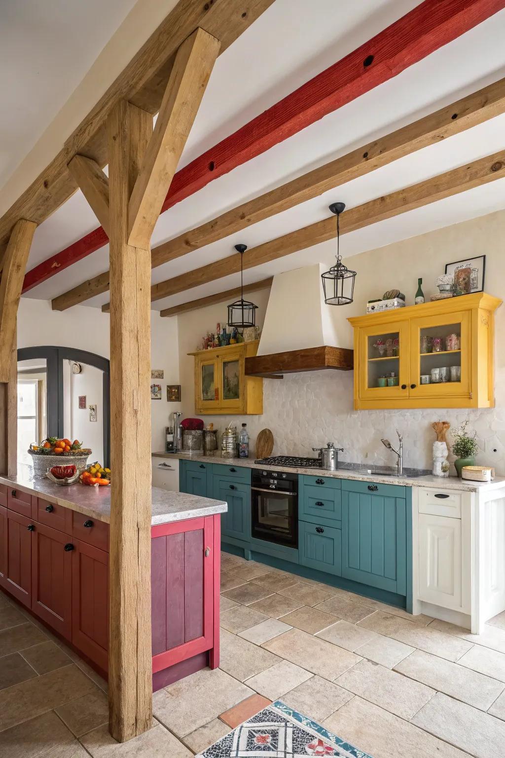 Unexpected colors on beams create a bold kitchen statement.