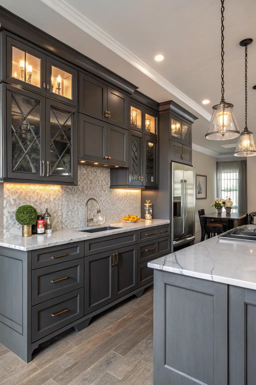 Coal cabinets provide a daring, sophisticated kitchen appearance.