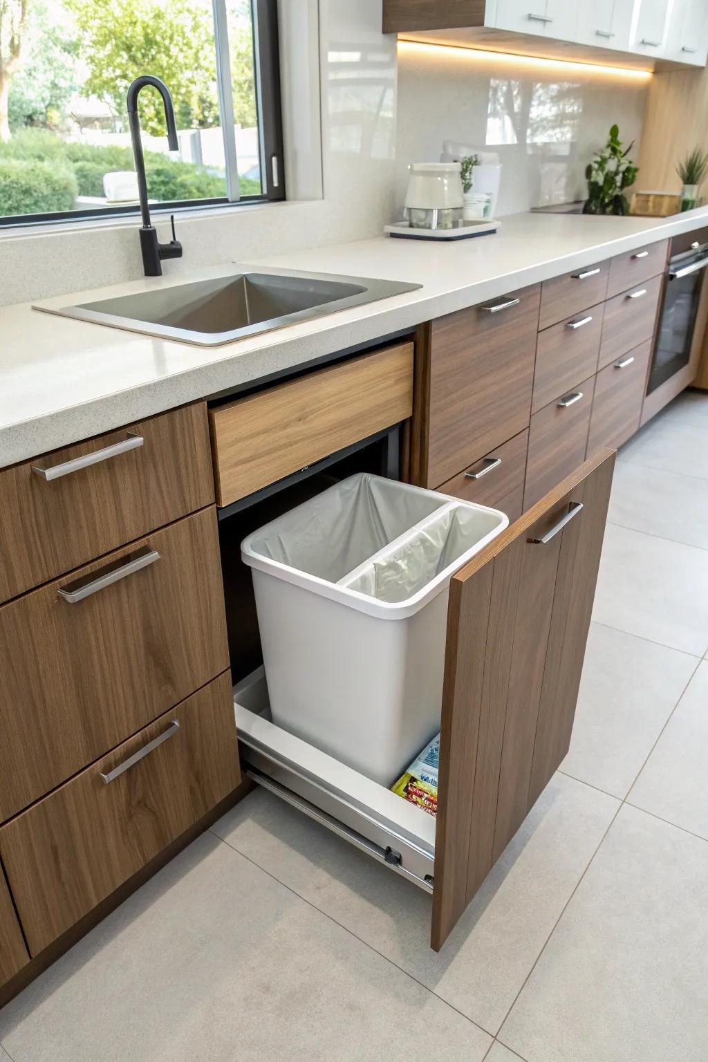 A hidden trash solution keeps your kitchen looking clean and serene.