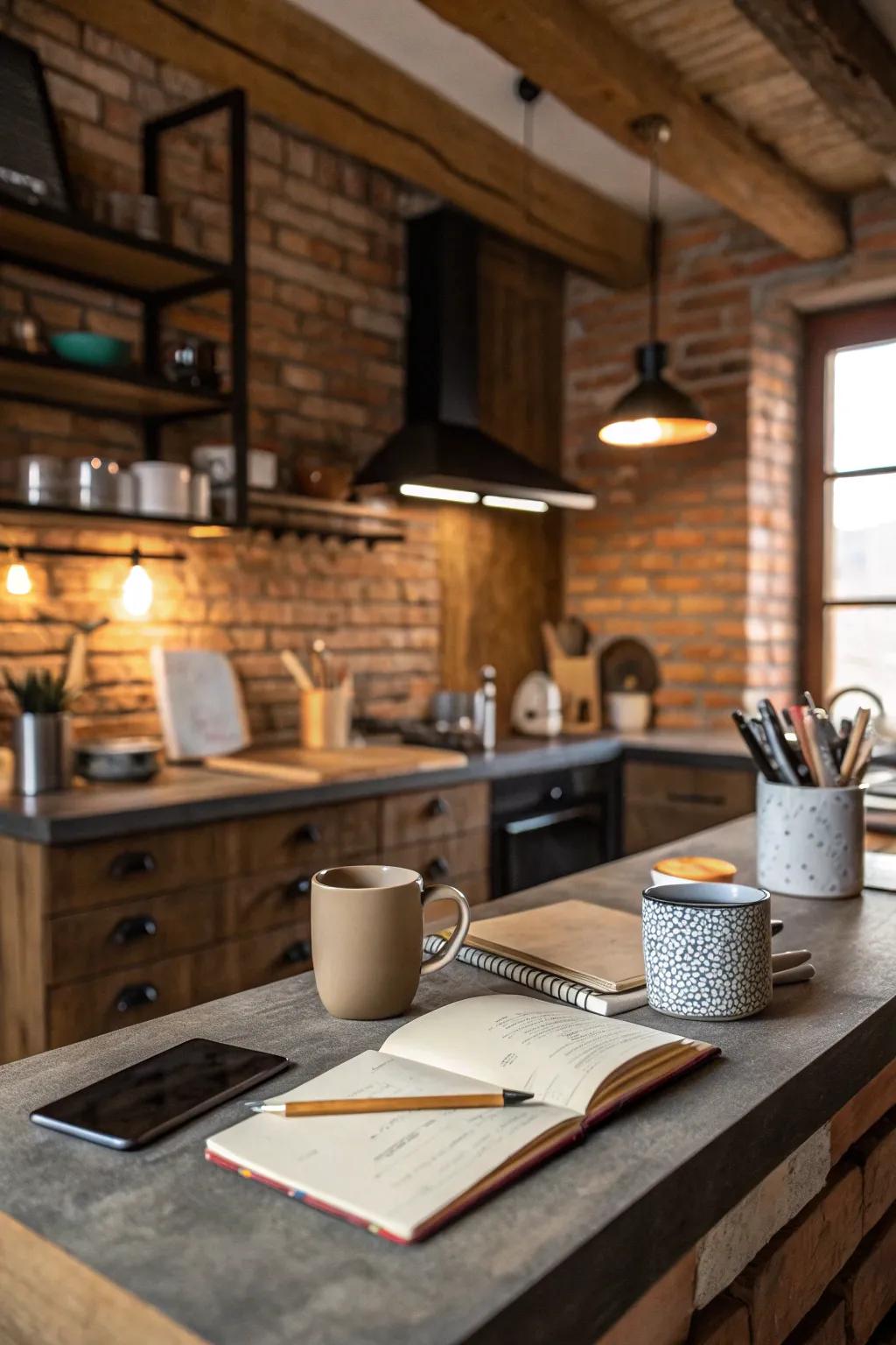 A kitchen desk area enhanced with textured materials for added interest.