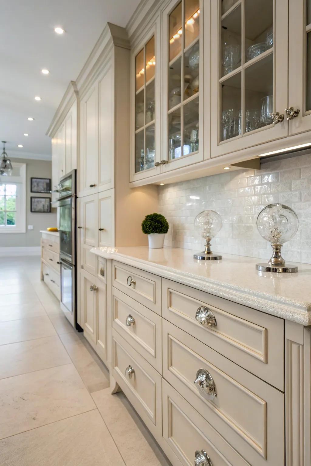 Graceful glass knobs that add glamour and light to the cooking space.