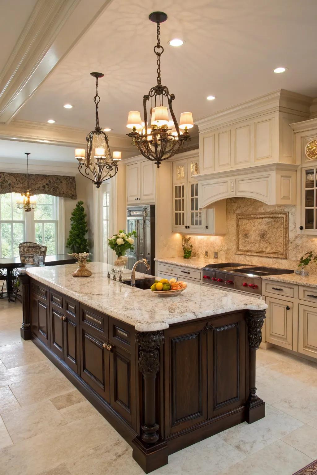 An mocha-colored kitchen island offers a rich and timeless elegance.