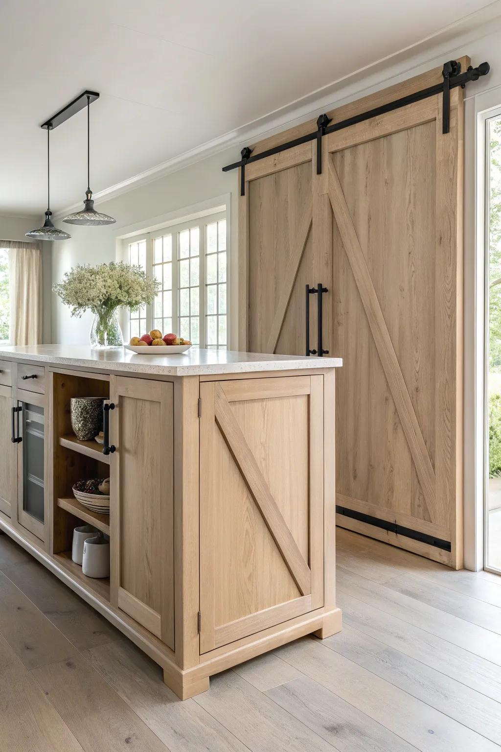 Discover rustic elegance with a sliding barn door island—simplicity meets craftsmanship in your kitchen.