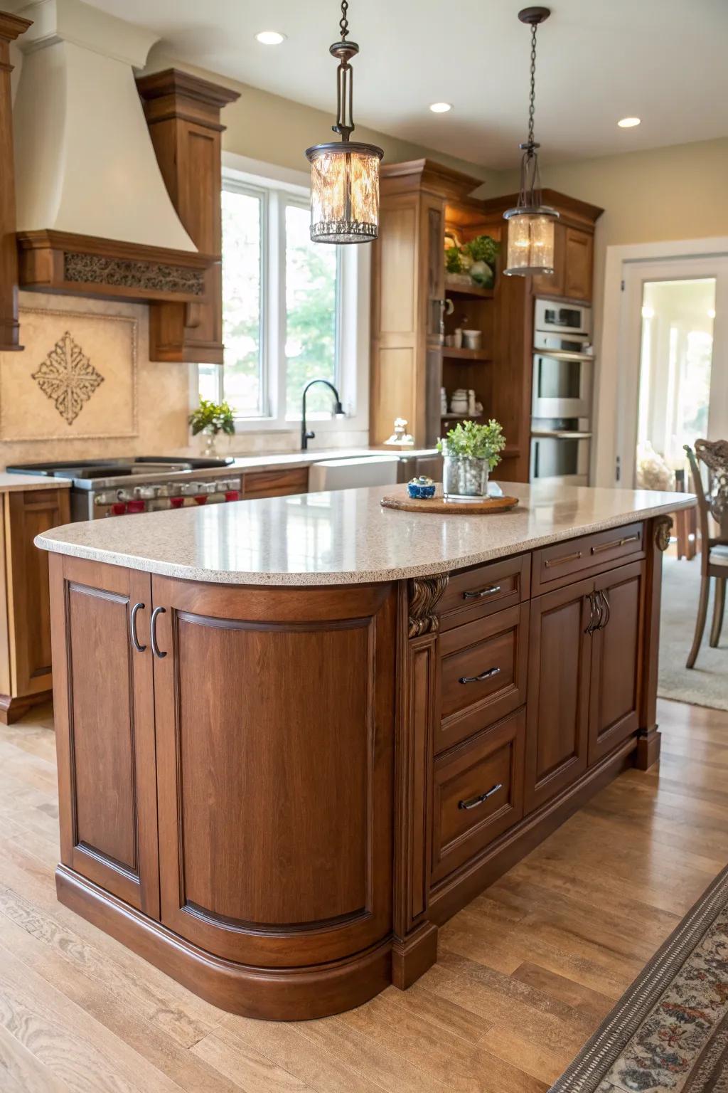 Inviting kitchen island with elegantly curved corners.
