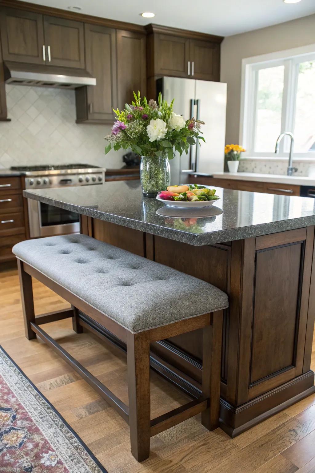 A bench provides relaxed and informal seating for your kitchen island.