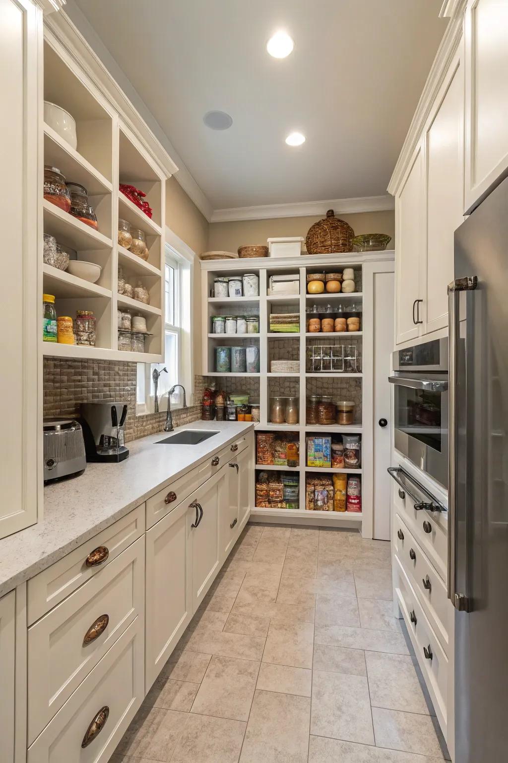 A kitchen highlighting a walk-in storage area for ideal storage.