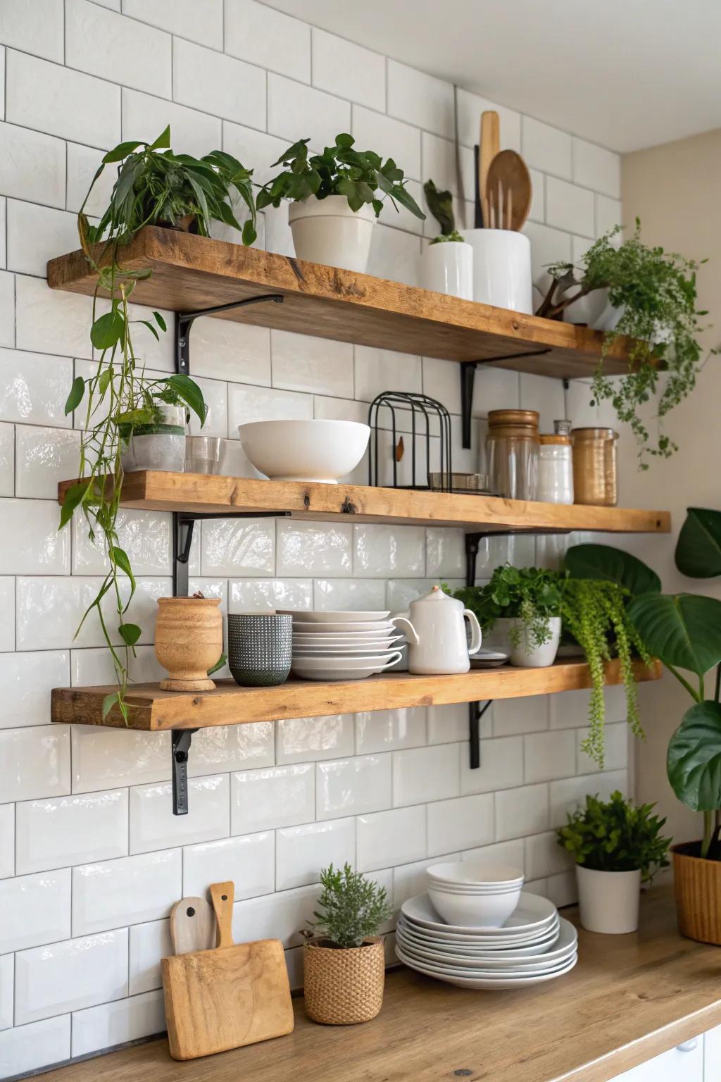 Raw-edge drifting ledges introduce organic elegance to your kitchen space.